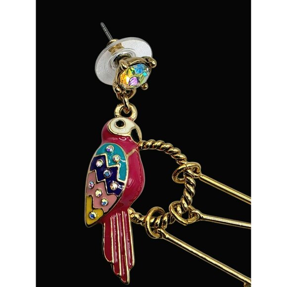 Parrot Statement Earrings Hot Pink Feathers Bird Gold-Tone Dangle Betsey Johnson - Picture 2 of 8